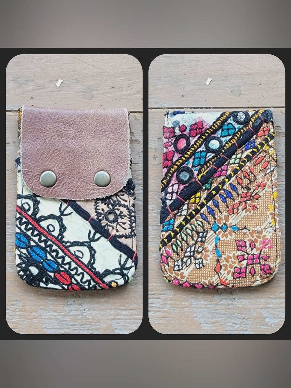 Free People embroidered banjara boho repurposed vtg leather wallet card case